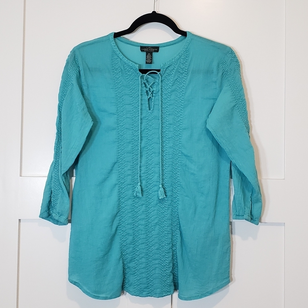 Lauren Ralph Lauren Lace Up Boho Top  Embroidered W/Tassels Turquoise Si…